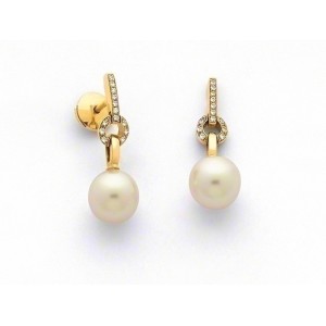 Boucles d'oreilles pendantes Perles de culture Japon 8-8,5mm Diamants Or jaune