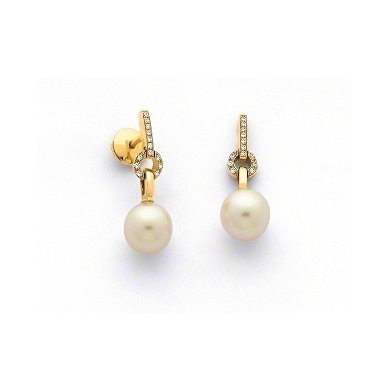 Boucles d'oreilles pendantes Perles de culture Japon 8-8,5mm Diamants Or jaune
