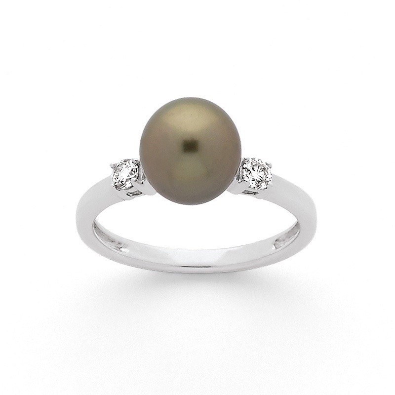 Bague Perle de Tahiti 9 mm et Diamants 0,14 Carat H SI Or blanc-2