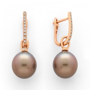 Boucles d'oreilles Perles de culture de Tahiti 9-10 mm rondes Diamants Or rose