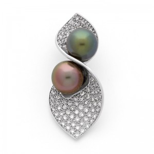 Pendentif 2 perles de culture de Tahiti et Diamants 1,28 Carats Or blanc