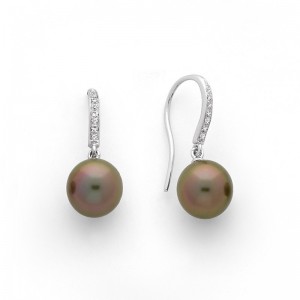 Boucles d'oreilles Perles de culture de Tahiti 8,4mm rondes Diamants Or blanc