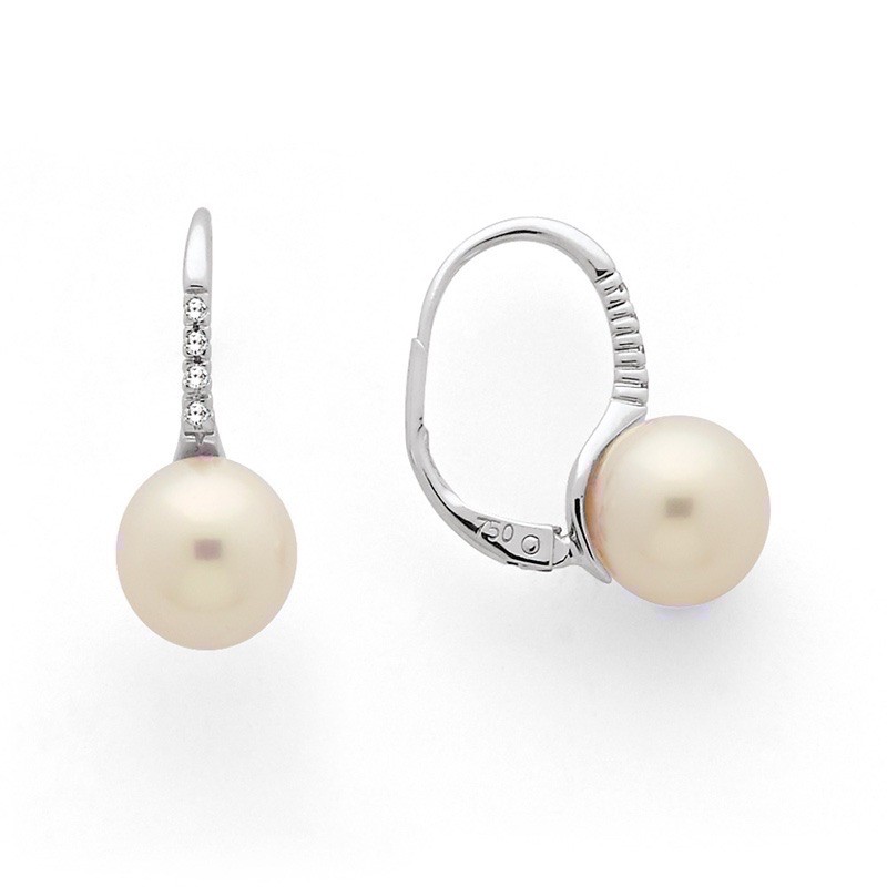 Boucles d'oreilles dormeuses Perles de culture Japon 8-8,5mm Diamants Or blanc