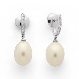 Créoles Perles de culture poire 9,5-10 mm et Diamants 0,12 Carat G VS Or Blanc