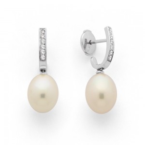 Créoles Perles de culture poire 8,5-9 mm et Diamants 0,12 Carat G VS Or Blanc