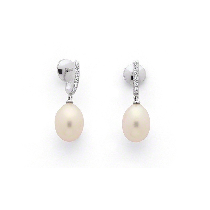 Créoles Perles de culture poire 10,5-11 mm et Diamants 0,10 Carat G VS Or Blanc
