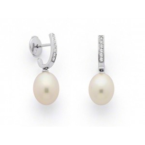 Créoles Perles de culture poire 9-9,5mm et Diamants 0,12 Carat G VS Or Blanc