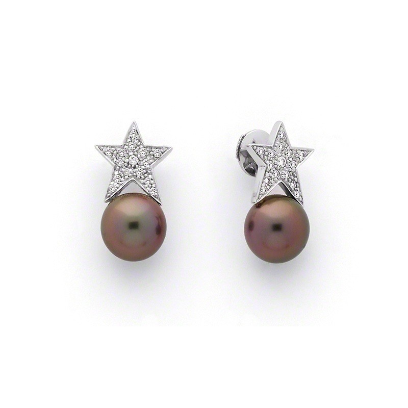 Boucles d'oreilles Perles de culture de Tahiti 10 mm rondes Diamants Or blanc