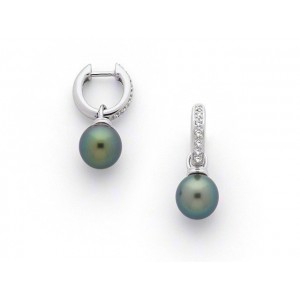 Boucles d'oreilles Perles de culture de Tahiti 9 mm rondes Diamants Or blanc