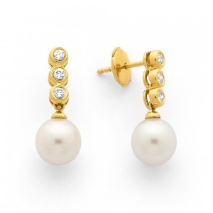 Boucles d'oreilles Perles de culture Akoya Japon ronde 7,5-8 mm Diamants Or jaun