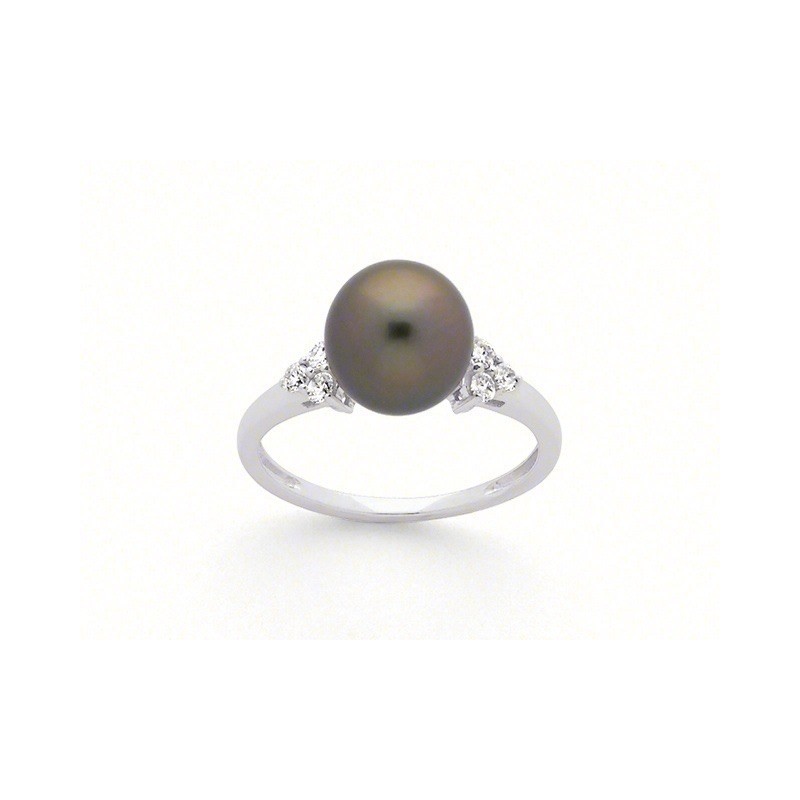 Bague Perle de Tahiti 9 mm et Diamants 0,14 Carat H SI Or blanc-1