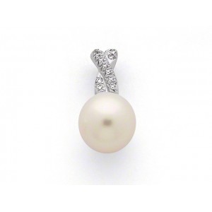 Pendentif Perle de culture Akoya Japon ronde 9,2mm Diamants Or blanc