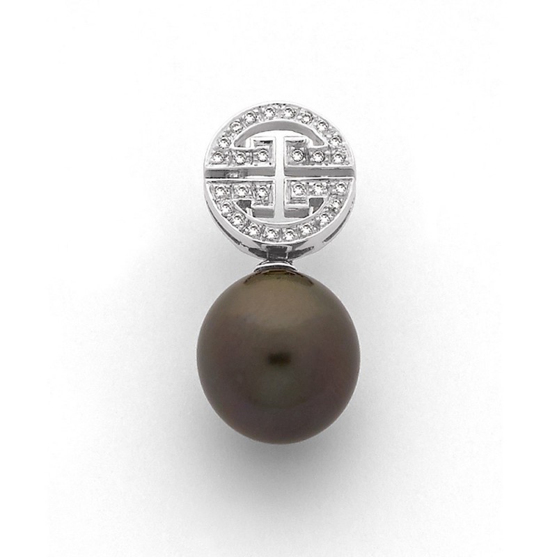 Pendentif Perle de culture de Tahiti ronde 11,2mm motif Zen Diamants Or blanc