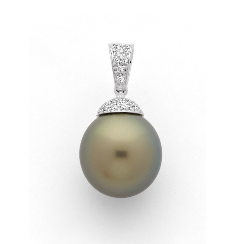 Pendentif Perle de culture de Tahiti 12,7mm ronde Diamant 0,12 Carat Or blanc