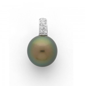 Pendentif Perle de culture de Tahiti 13 mm ronde Diamants 0,10 Carat Or blanc