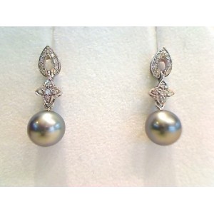 Boucles d'oreilles Perles de culture de Tahiti 9.4mm rondes Diamants Or blanc