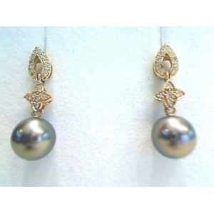 Boucles d'oreilles Perles de culture de Tahiti 9,4mm rondes Diamants Or jaune