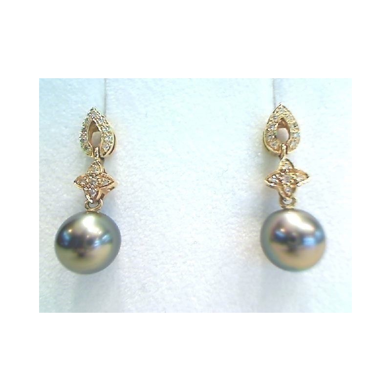 Boucles d'oreilles Perles de culture de Tahiti 9,4mm rondes Diamants Or jaune