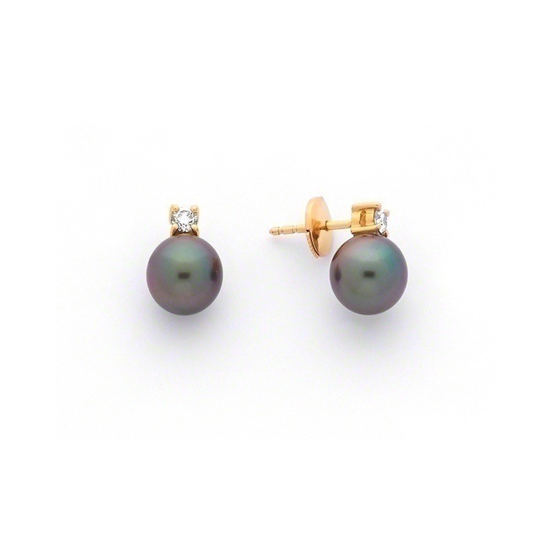 Boucles d'oreilles Perles de culture de Tahiti 7,5-8 mm rondes Diamants Or jaune