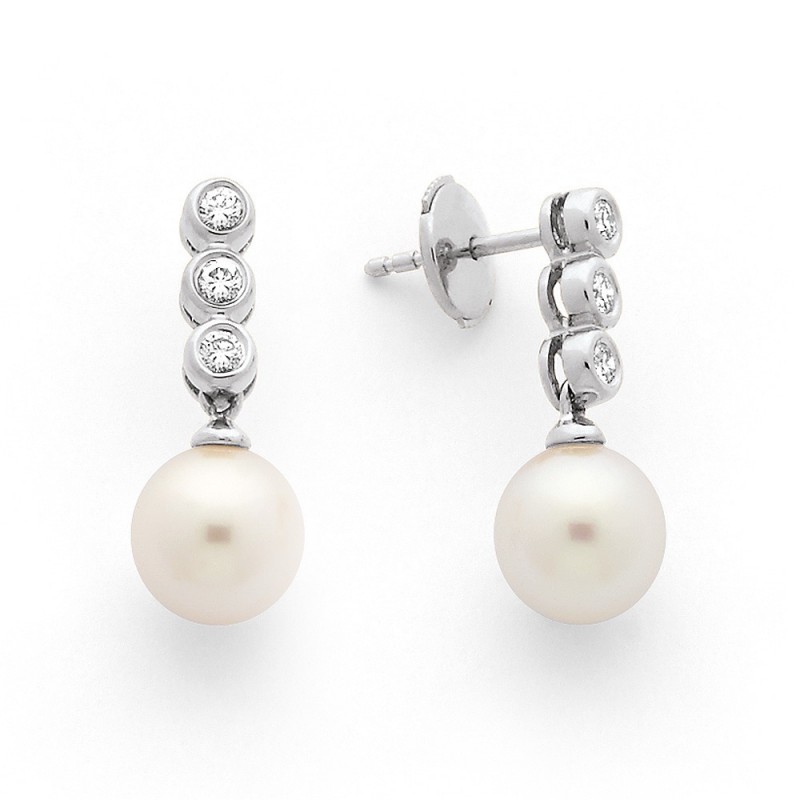 Boucles d'oreilles Perles de culture Akoya Japon ronde 8-8,5mm Diamants-3