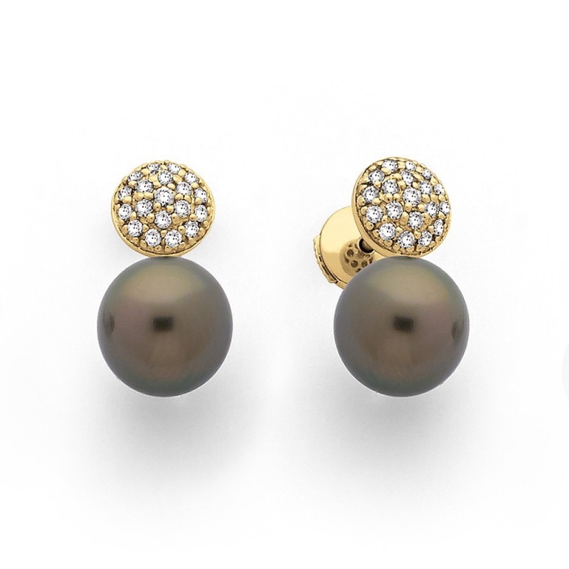Boucles d'oreilles Perles de culture de Tahiti 10,1mm rondes Diamants Or jaune