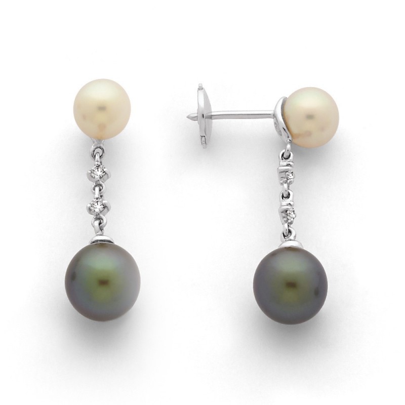 Boucles d'oreilles Perles de culture de Tahiti 8,3mm rondes, Japon et Diamants