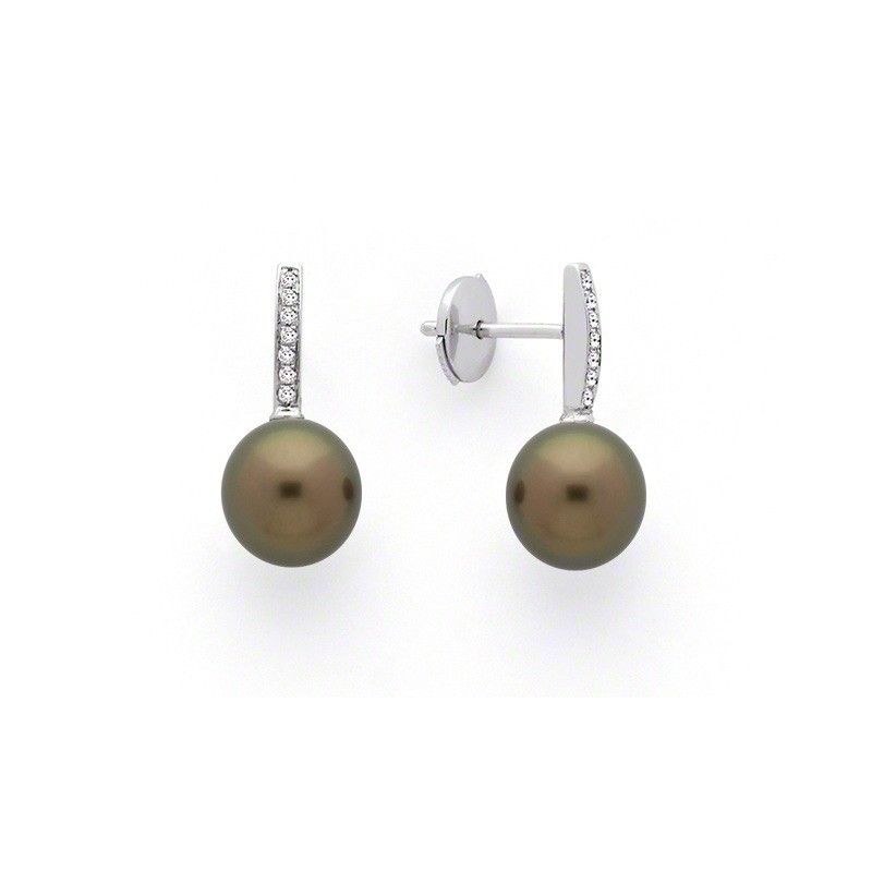 Boucles d'oreilles Perles de culture de Tahiti 8,7mm rondes Diamants Or blanc