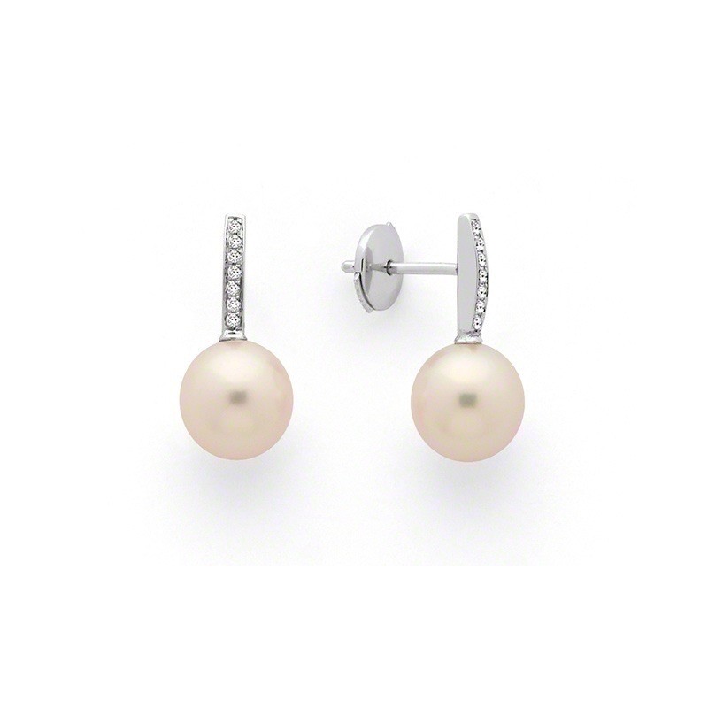 Boucles d'oreilles Perles de culture Akoya Japon ronde 7,5-8 mm et Diamants Or