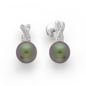 Boucles d'oreilles Perles de culture de Tahiti 9mm rondes Diamants Or blanc