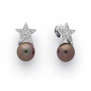 Boucles d'oreilles Perles de culture de Tahiti 8,9mm rondes Diamants Or blanc