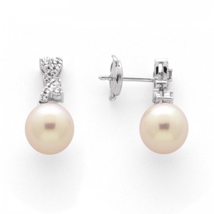 Boucles d'oreilles Perles de culture Akoya Japon ronde 8,5-9 mm et Diamants