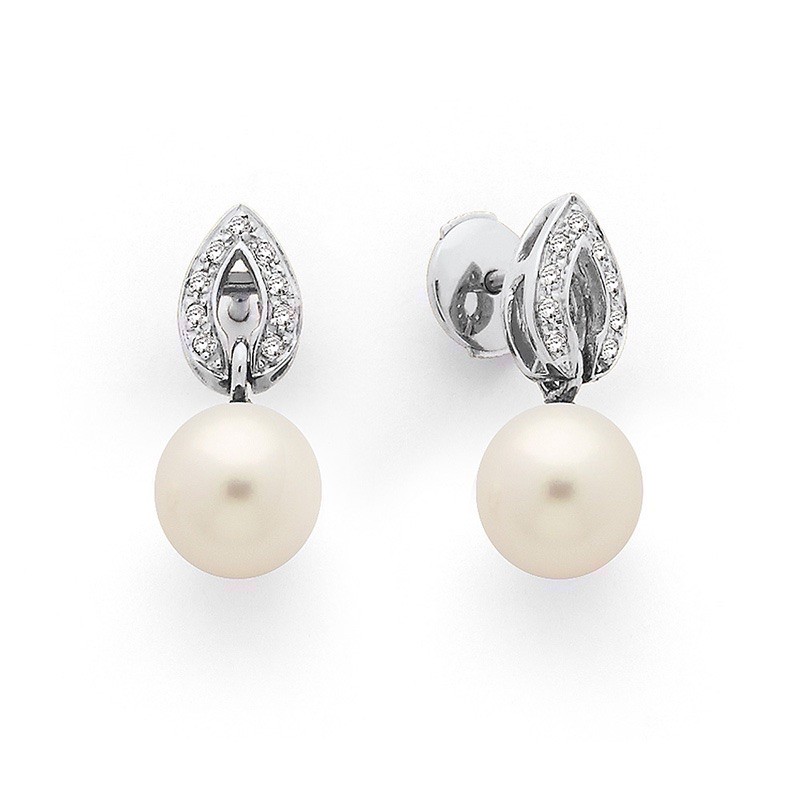 Boucles d'oreilles Perles de culture Akoya Japon ronde 8-8,5mm pétales Diamants
