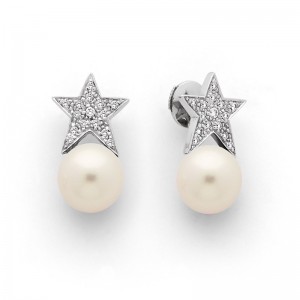 Boucles d'oreilles Perles de culture Akoya Japon ronde 8-8,5mm Etoiles Diamants