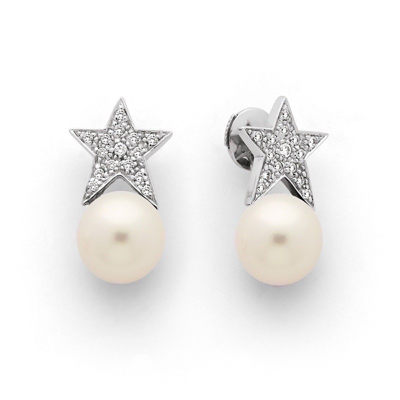 Boucles d'oreilles Perles de culture Akoya Japon ronde 8-8,5mm Etoiles Diamants