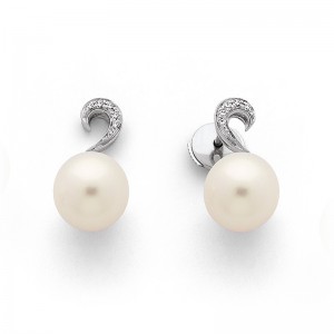 Boucles d'oreilles Perles de culture Akoya Japon ronde 8-8,5mm Twirl Diamants