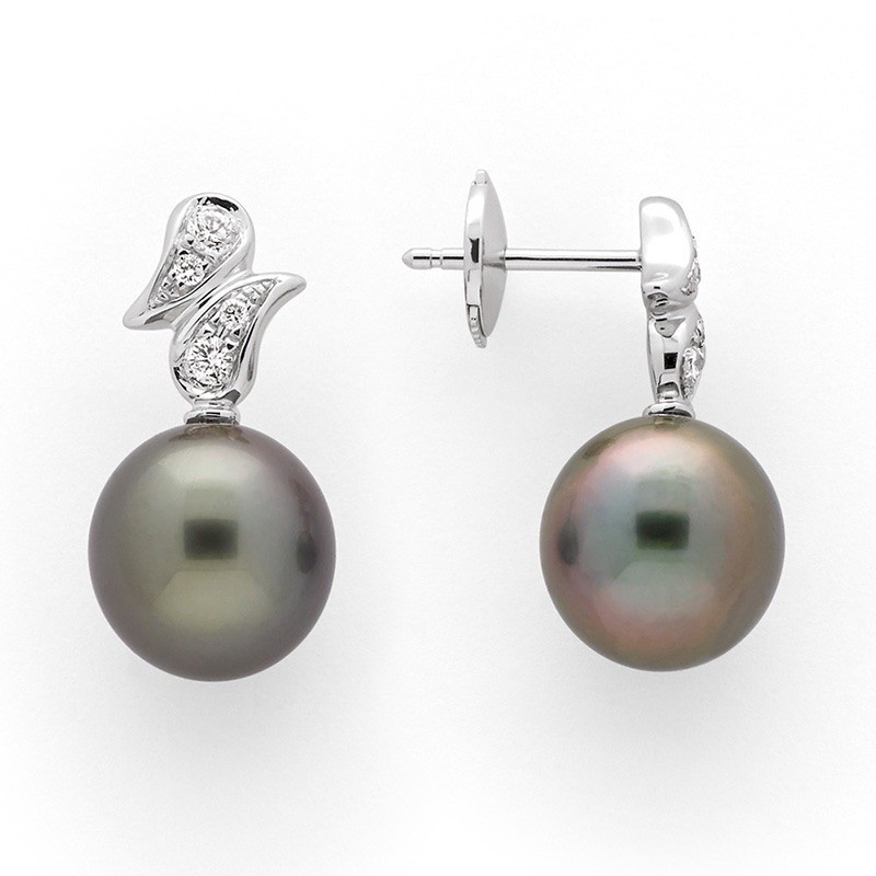 Boucles d'oreilles Perles de culture de Tahiti 10mm rondes Diamants Or blanc-1