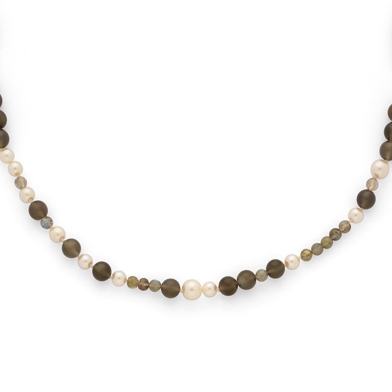 Sautoir Perles de culture Akoya japon, Perles Labradorite et Pierres de lune