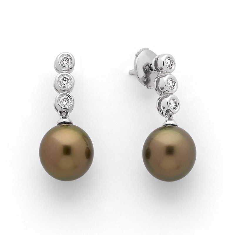 Boucles d'oreilles Perles de culture de Tahiti 8,9mm Diamants rondes Or blanc